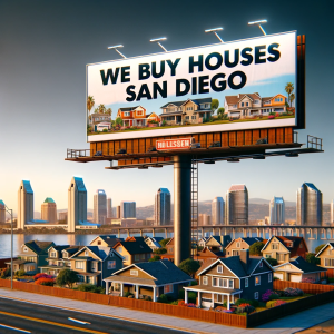 We Buy Houses San Diego, a fictional real estate investment company, set against the skyline of San Diego with a billboard featuring their services.