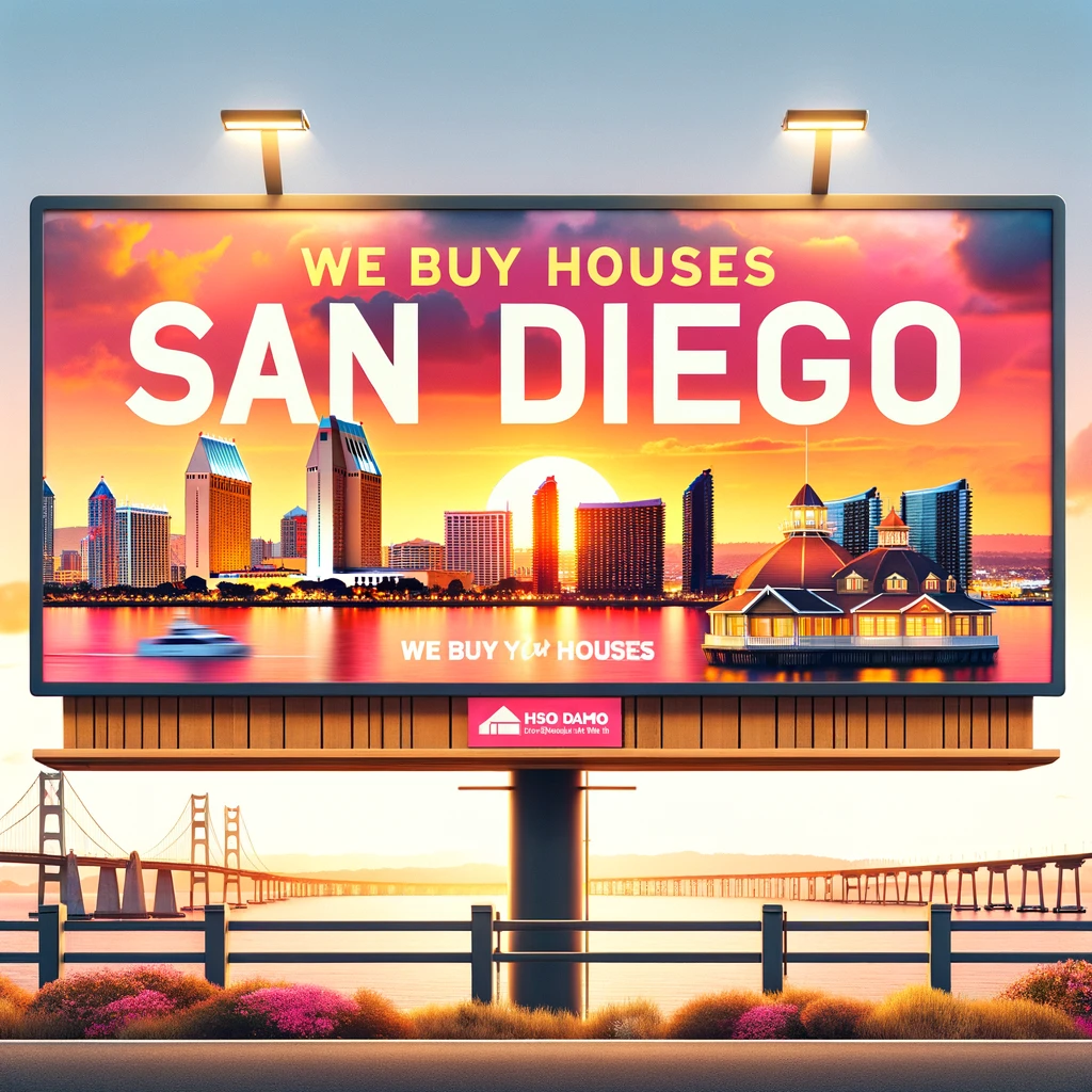 "We Buy Houses San Diego" with iconic landmarks and a beautiful sunset in the background.