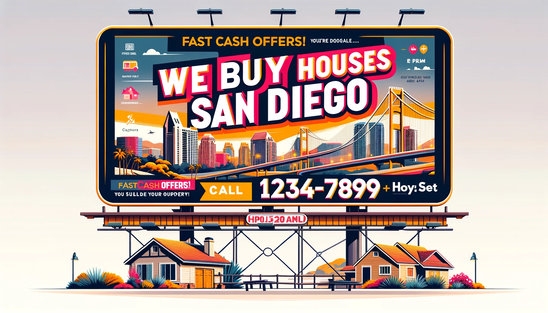 eye-catching billboard design for 'We Buy Houses San Diego' featuring iconic San Diego landmarks and a bright, inviting color scheme.