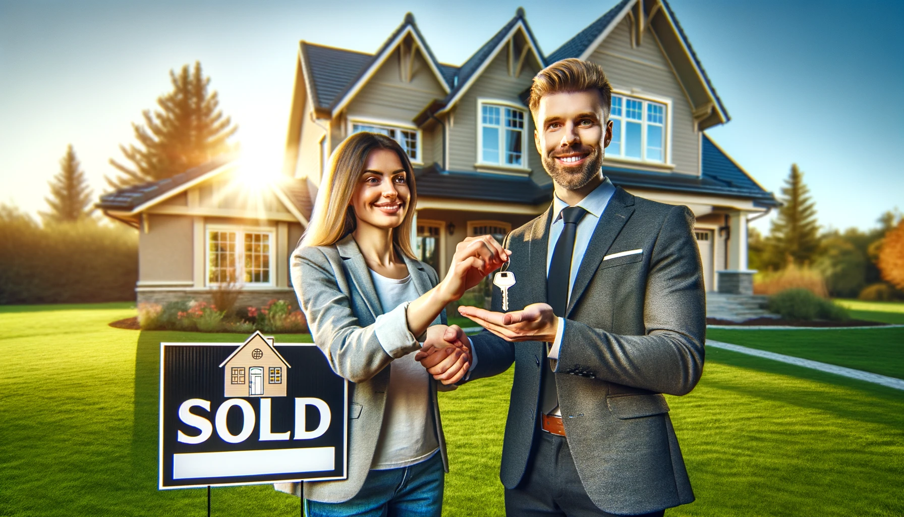 A real estate agent giving keys to a happy homeowner in front of a well-maintained suburban house with a 'Sold' sign in the yard and clear blue skies in the background.